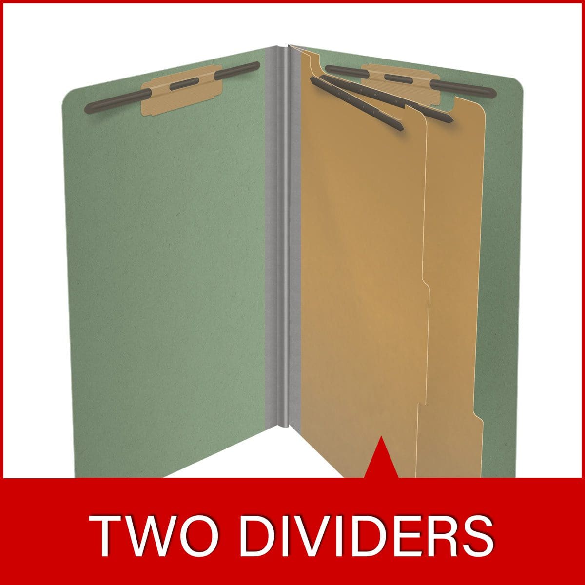 Green legal size end tab two divider classification folder with 2" gray tyvek expansion, with 2" bonded fasteners on inside front and inside back and 1" duo fastener on dividers - DV-S52-26-3AGN