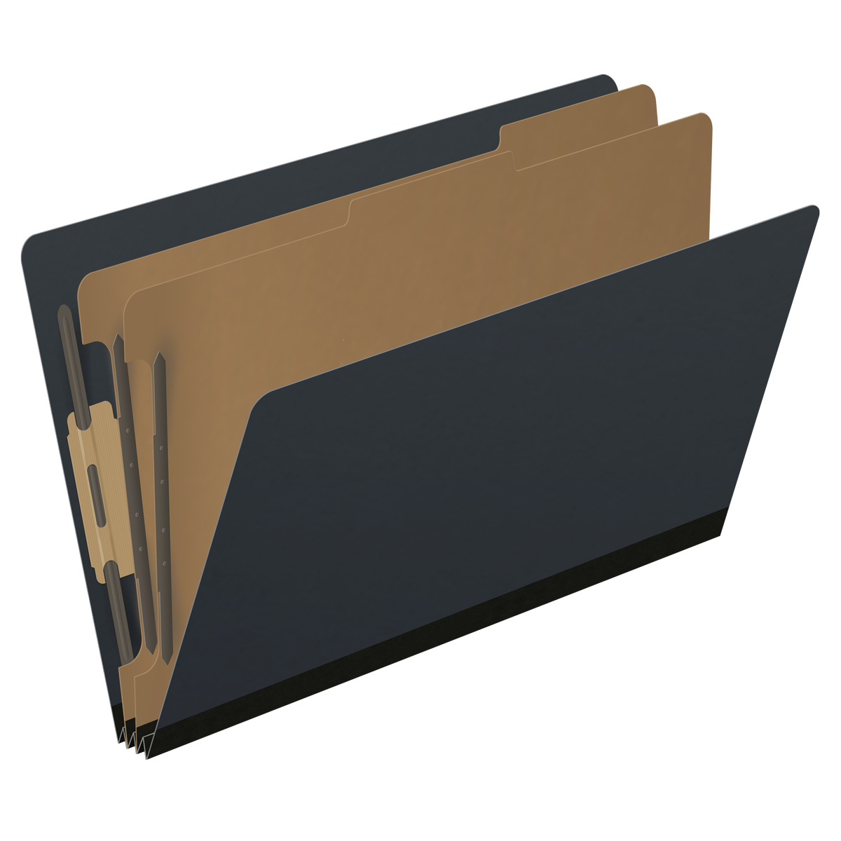 Black legal size end tab two divider classification folder with 2" gray tyvek expansion, with 2" bonded fasteners on inside front and inside back and 1" duo fastener on dividers - DV-S52-26-3BLK