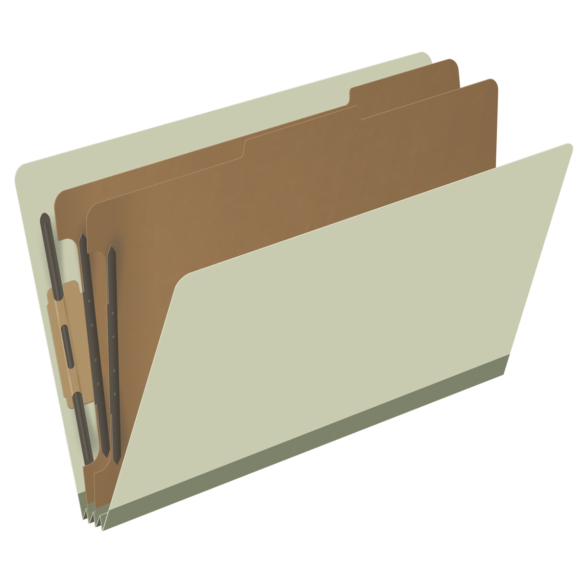 Green legal size end tab two divider classification folder with 2" gray tyvek expansion, with 2" bonded fasteners on inside front and inside back and 1" duo fastener on dividers - DV-S52-26-3GRN