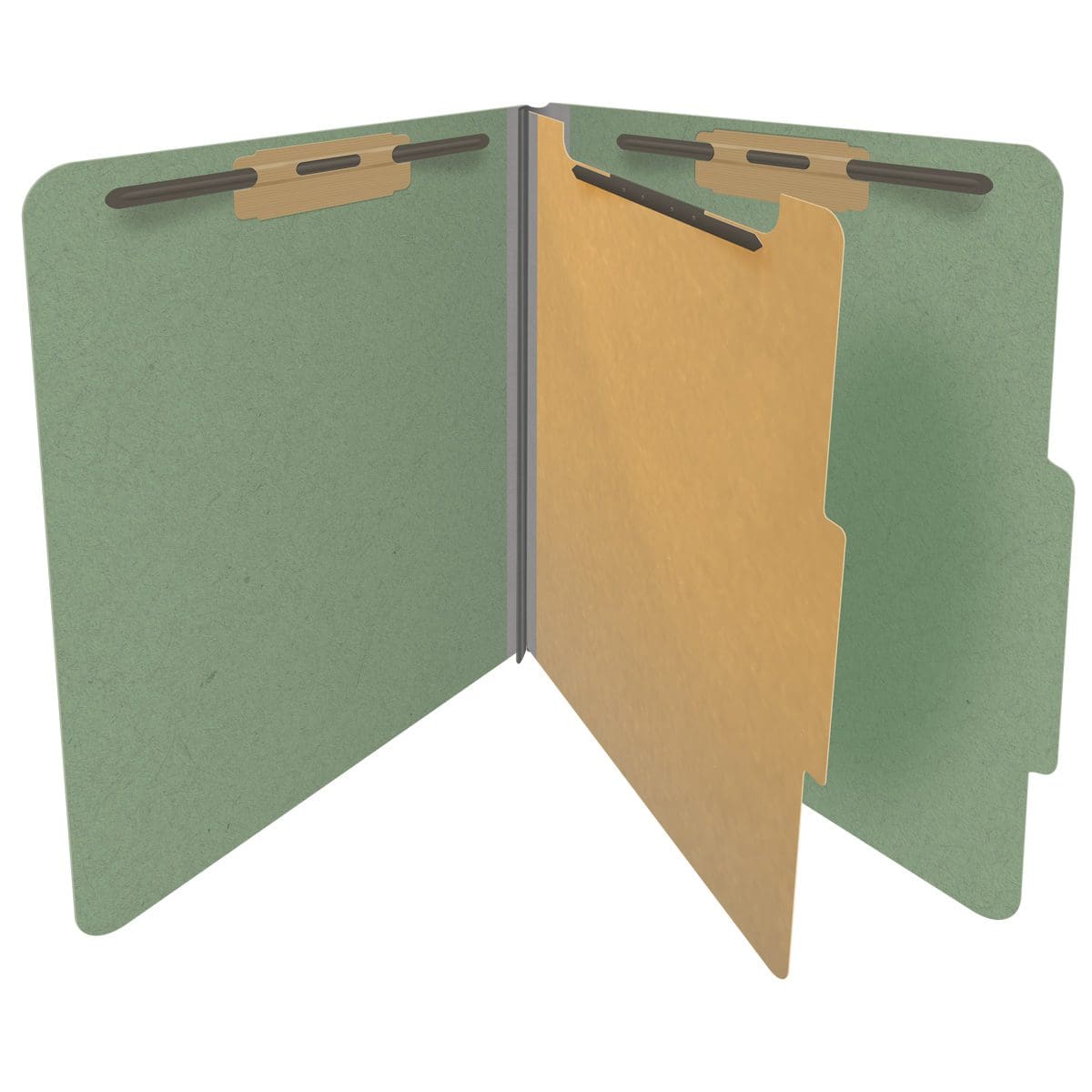 Green letter size top tab one divider classification folder with 2" gray tyvek expansion, with 2" bonded fasteners on inside front and inside back and 1" duo fastener on divider - DV-T42-14-3AGN