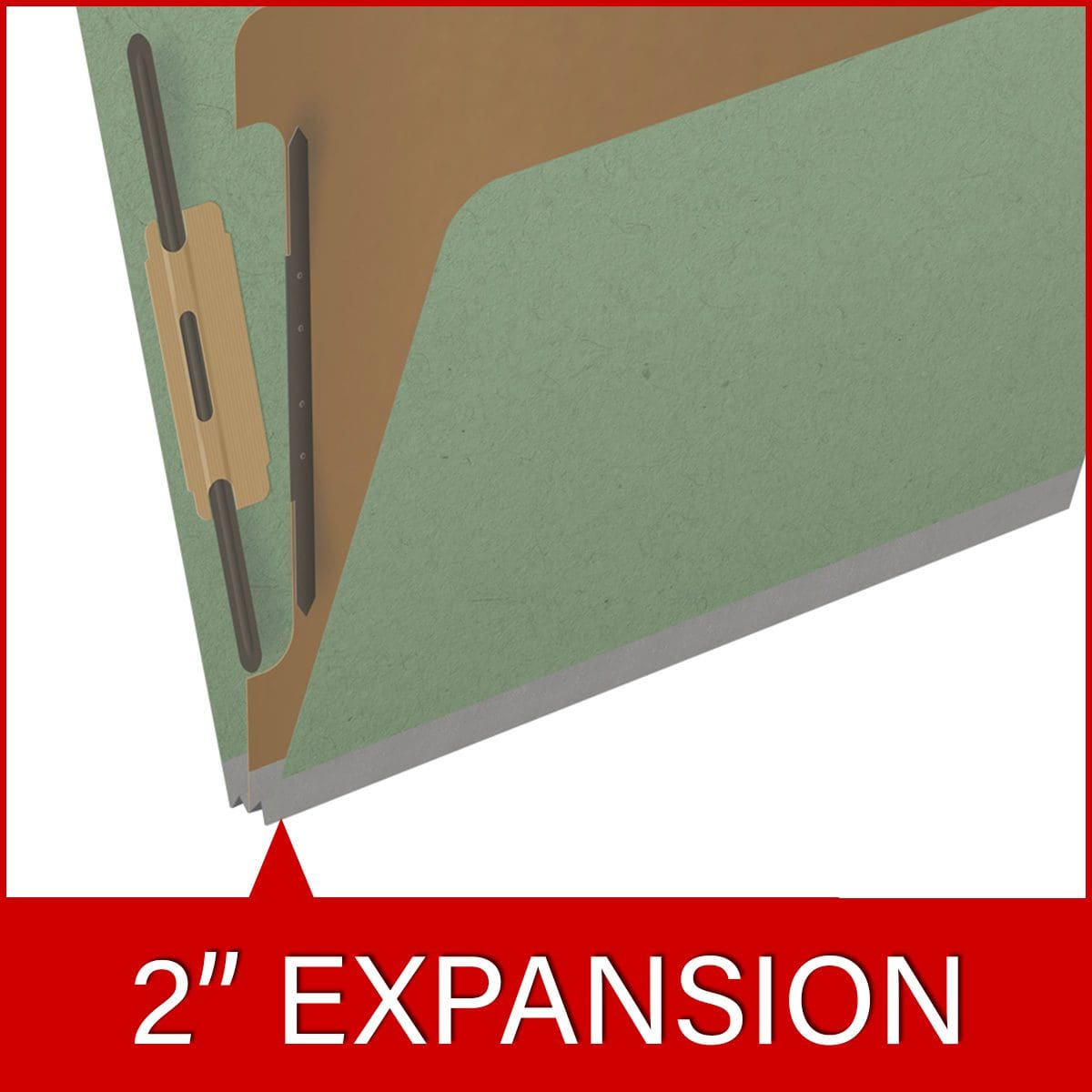 Green letter size top tab one divider classification folder with 2" gray tyvek expansion, with 2" bonded fasteners on inside front and inside back and 1" duo fastener on divider - DV-T42-14-3AGN