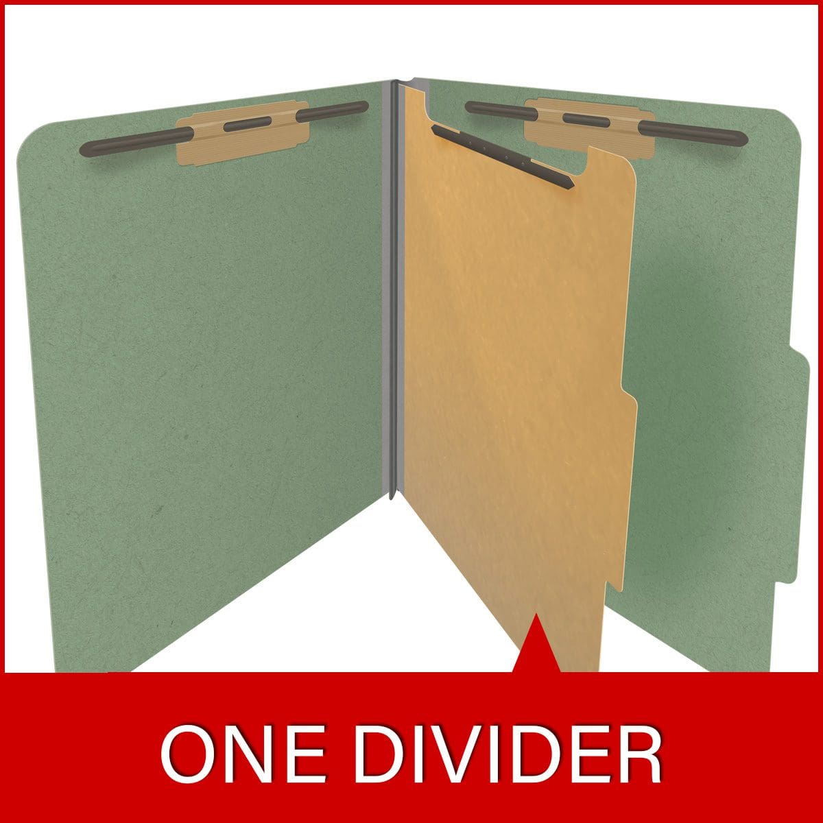 Green letter size top tab one divider classification folder with 2" gray tyvek expansion, with 2" bonded fasteners on inside front and inside back and 1" duo fastener on divider - DV-T42-14-3AGN