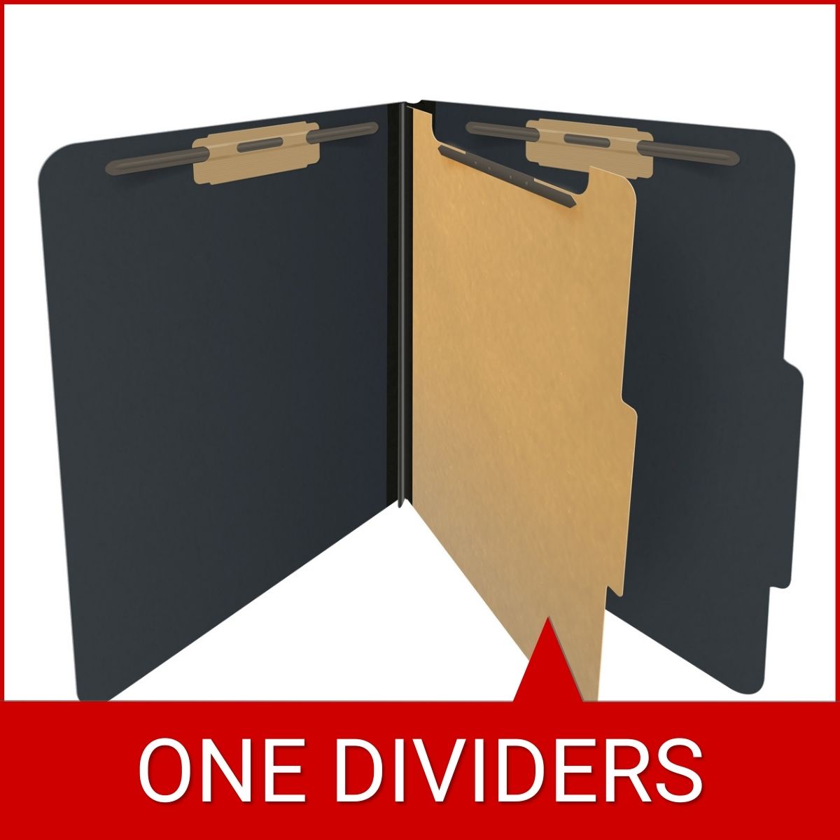 Black letter size top tab one divider classification folder with 2" gray tyvek expansion, with 2" bonded fasteners on inside front and inside back and 1" duo fastener on divider - DV-T42-14-3BLK