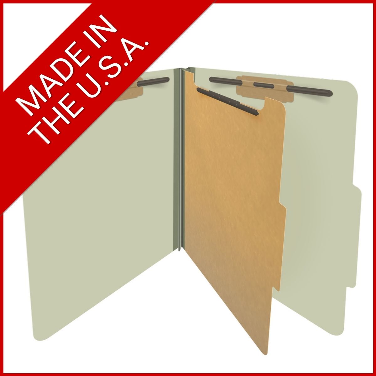 Green letter size top tab one divider classification folder with 2" gray tyvek expansion, with 2" bonded fasteners on inside front and inside back and 1" duo fastener on divider - DV-T42-14-3GRN