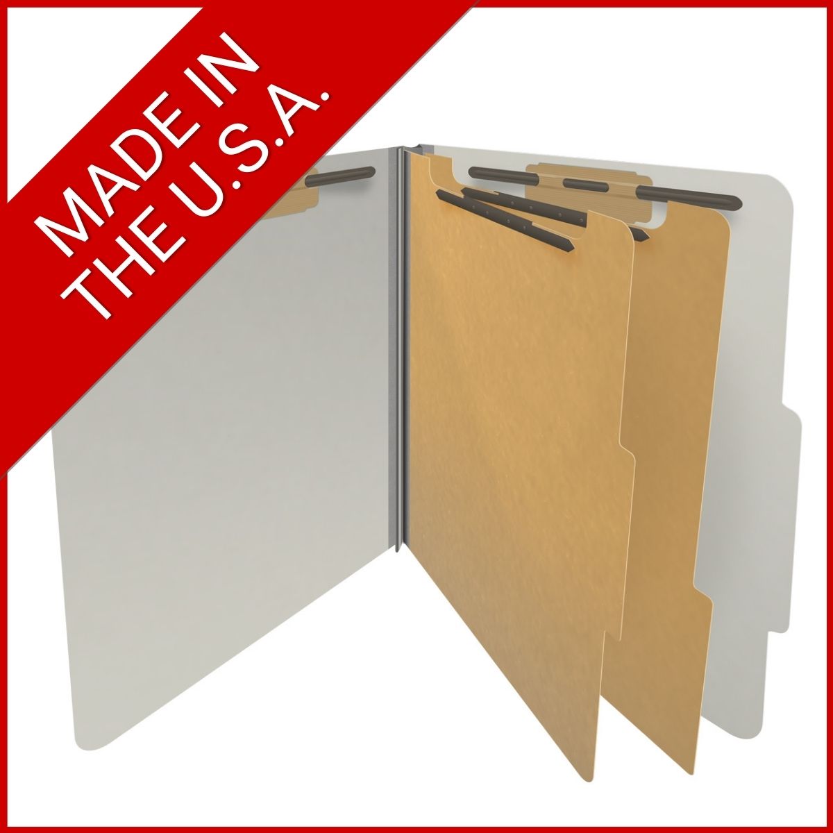 Grey letter size top tab two divider classification folder with 2" gray tyvek expansion, with 2" bonded fasteners on inside front and inside back and 1" duo fastener on dividers - DV-T42-26-3GRY
