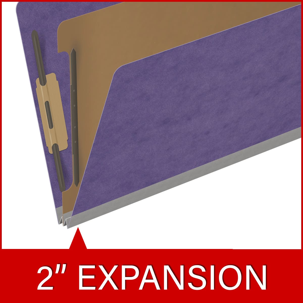 Purple legal size top tab one divider classification folder with 2" gray tyvek expansion, with 2" bonded fasteners on inside front and inside back and 1" duo fastener on divider - DV-T52-14-3PRP