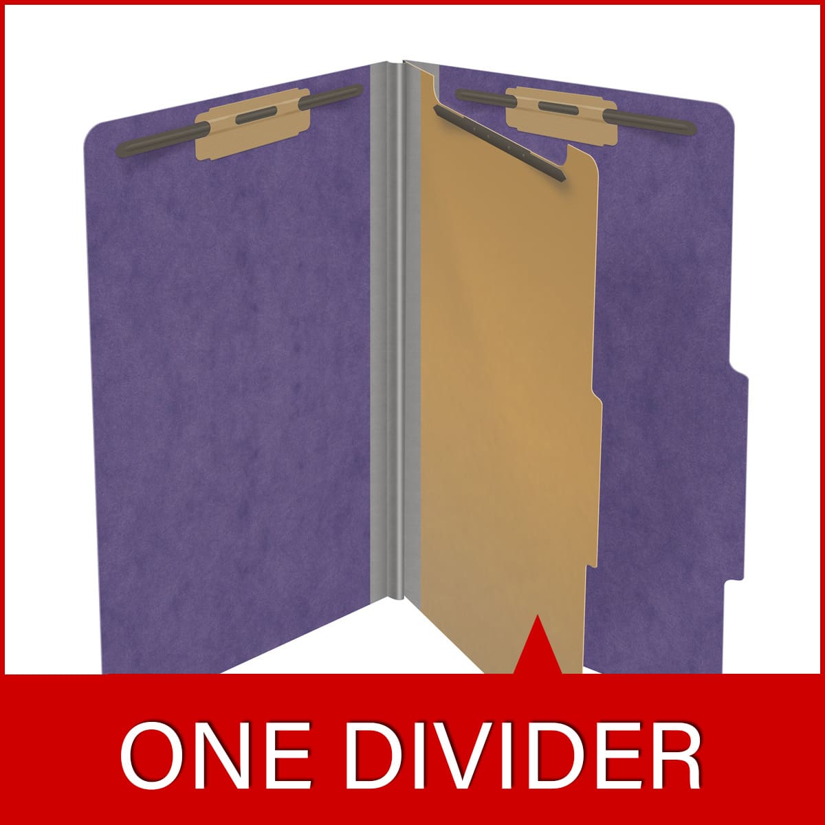 Purple legal size top tab one divider classification folder with 2" gray tyvek expansion, with 2" bonded fasteners on inside front and inside back and 1" duo fastener on divider - DV-T52-14-3PRP
