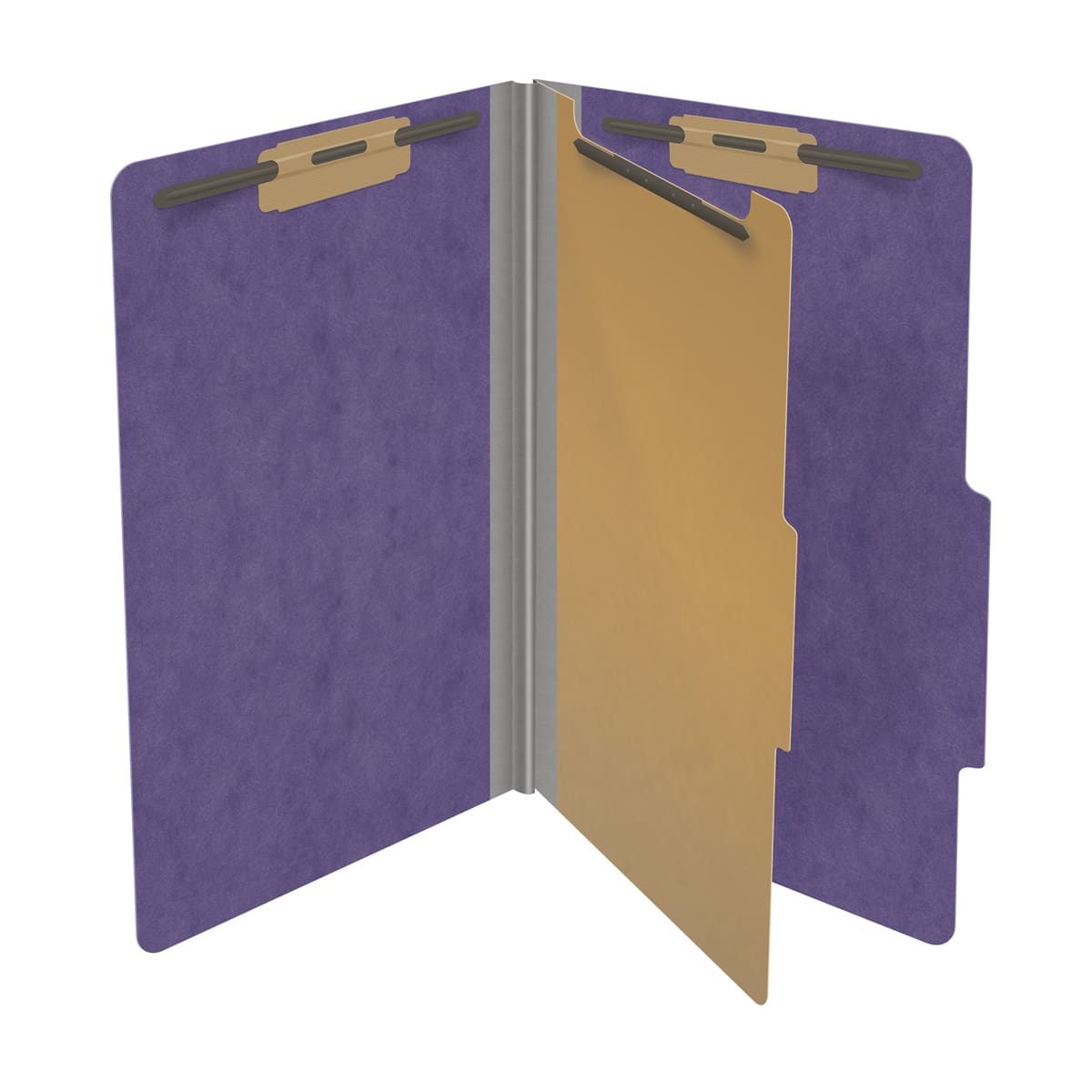 Purple legal size top tab one divider classification folder with 2" gray tyvek expansion, with 2" bonded fasteners on inside front and inside back and 1" duo fastener on divider - DV-T52-14-3PRP
