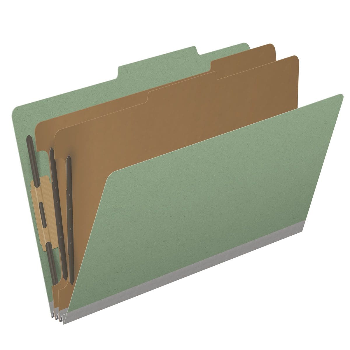 Green legal size top tab two divider classification folder with 2" gray tyvek expansion, with 2" bonded fasteners on inside front and inside back and 1" duo fastener on dividers - DV-T52-26-3AGN