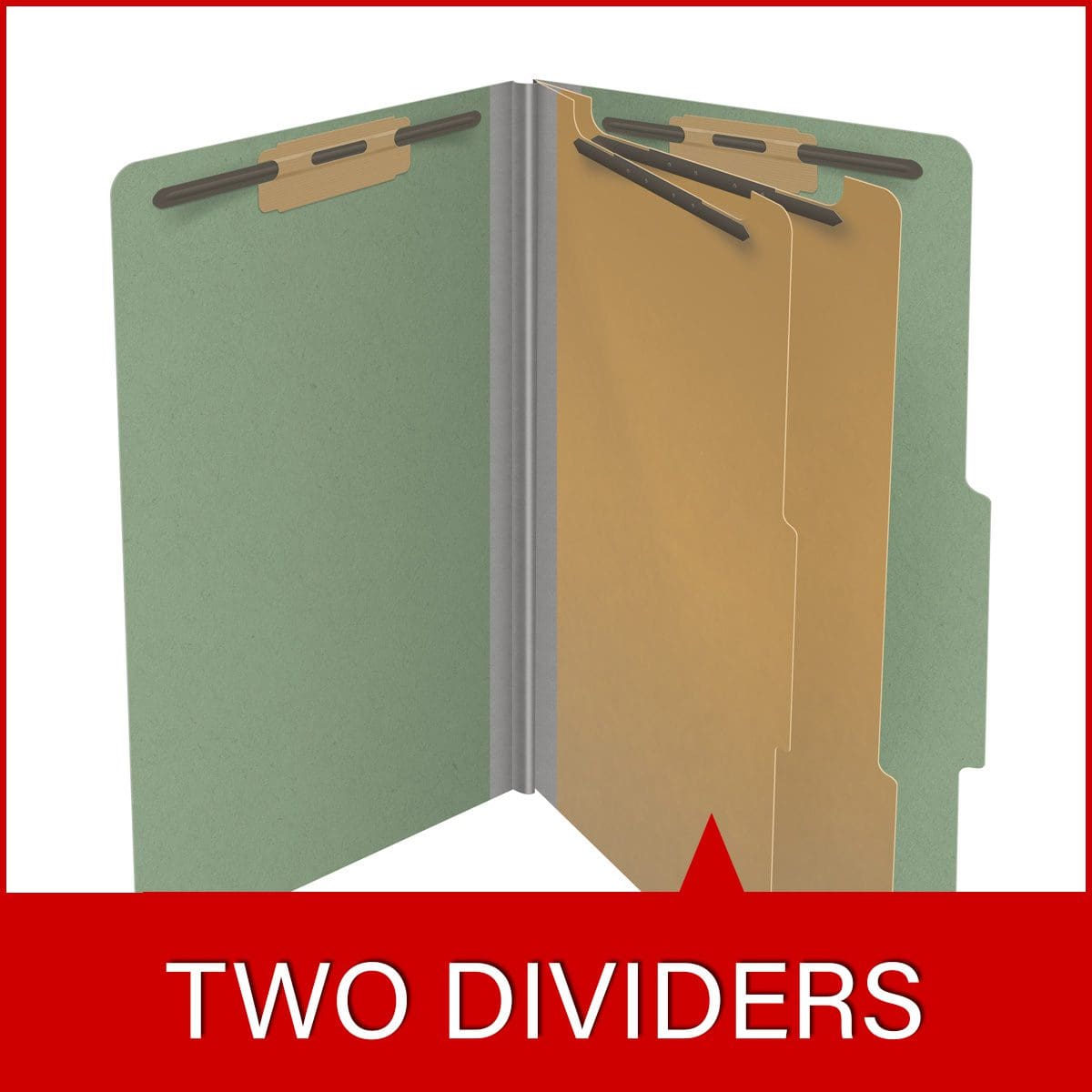 Green legal size top tab two divider classification folder with 2" gray tyvek expansion, with 2" bonded fasteners on inside front and inside back and 1" duo fastener on dividers - DV-T52-26-3AGN