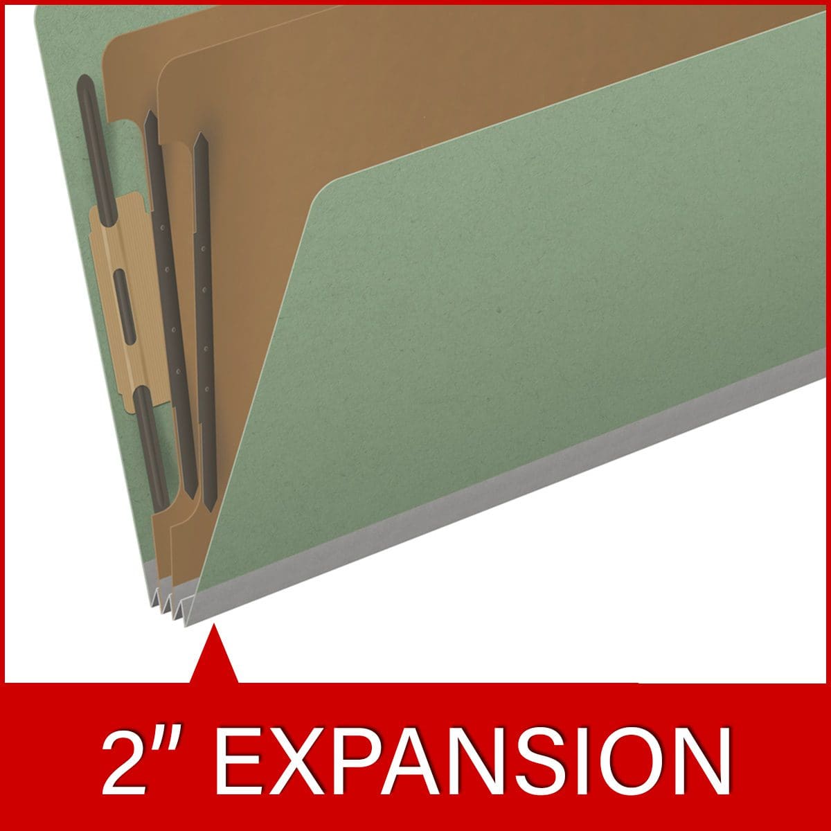 Green legal size top tab two divider classification folder with 2" gray tyvek expansion, with 2" bonded fasteners on inside front and inside back and 1" duo fastener on dividers - DV-T52-26-3AGN