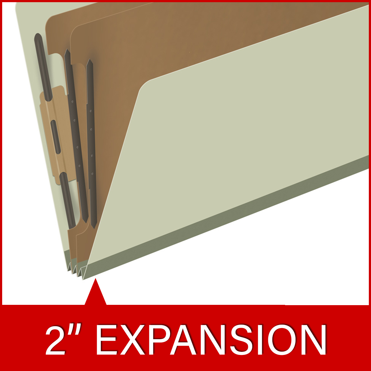 Green legal size top tab two divider classification folder with 2" gray tyvek expansion, with 2" bonded fasteners on inside front and inside back and 1" duo fastener on dividers - DV-T52-26-3GRN
