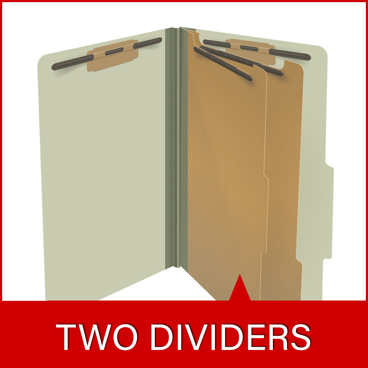 Green legal size top tab two divider classification folder with 2" gray tyvek expansion, with 2" bonded fasteners on inside front and inside back and 1" duo fastener on dividers - DV-T52-26-3GRN