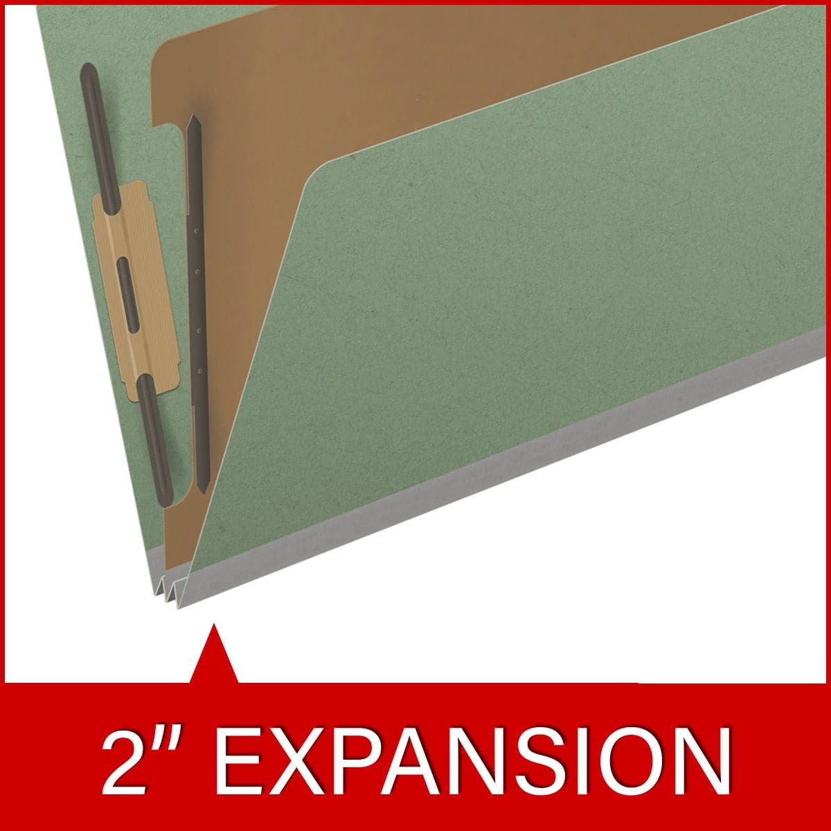 Green legal size end tab one divider classification folder with 2" gray tyvek expansion, with 2" bonded fasteners on inside front and inside back and 1" duo fastener on divider - DV-S52-14-3AGN