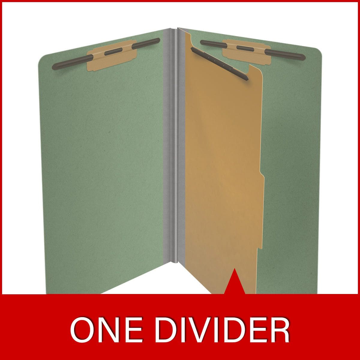 Green legal size end tab one divider classification folder with 2" gray tyvek expansion, with 2" bonded fasteners on inside front and inside back and 1" duo fastener on divider - DV-S52-14-3AGN