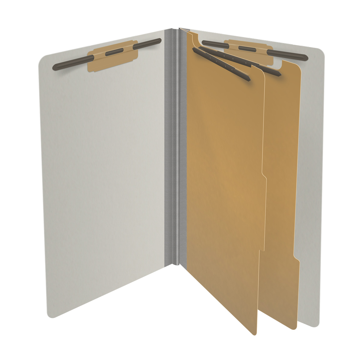 Grey legal size end tab two divider classification folder with 2" gray tyvek expansion, with 2" bonded fasteners on inside front and inside back and 1" duo fastener on dividers - DV-S52-26-3GRY
