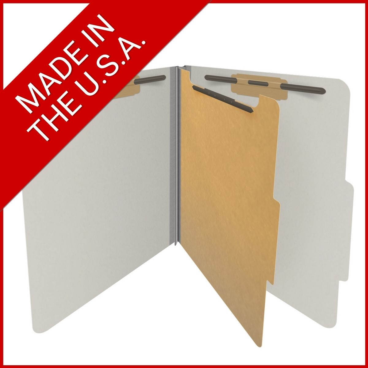 Grey letter size top tab one divider classification folder with 2" gray tyvek expansion, with 2" bonded fasteners on inside front and inside back and 1" duo fastener on divider - DV-T42-14-3GRY
