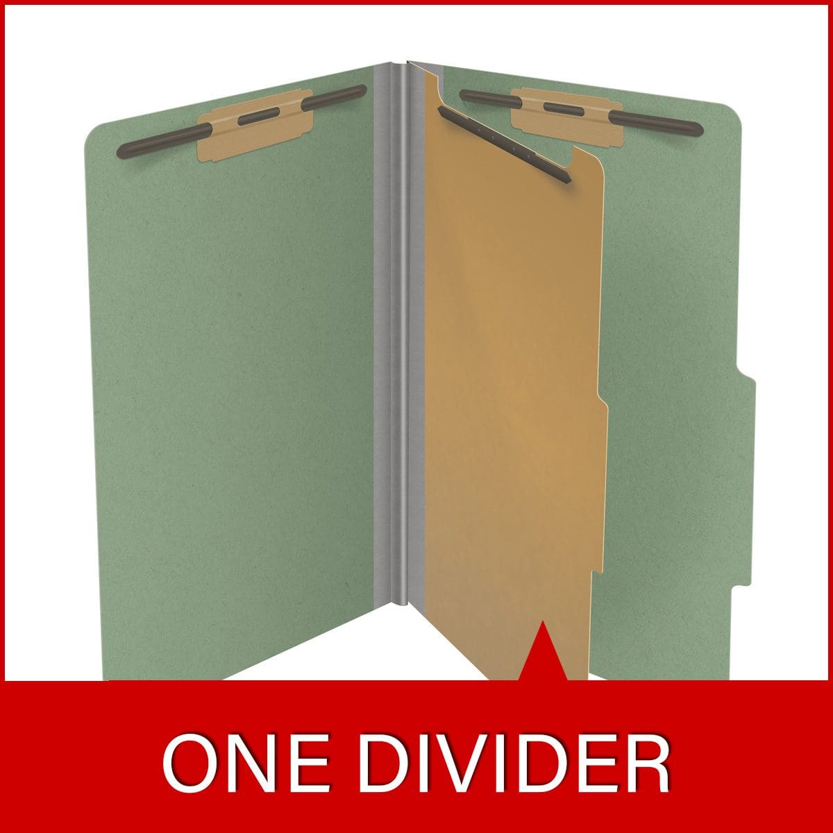 Green legal size top tab one divider classification folder with 2" gray tyvek expansion, with 2" bonded fasteners on inside front and inside back and 1" duo fastener on divider - DV-T52-14-3AGN
