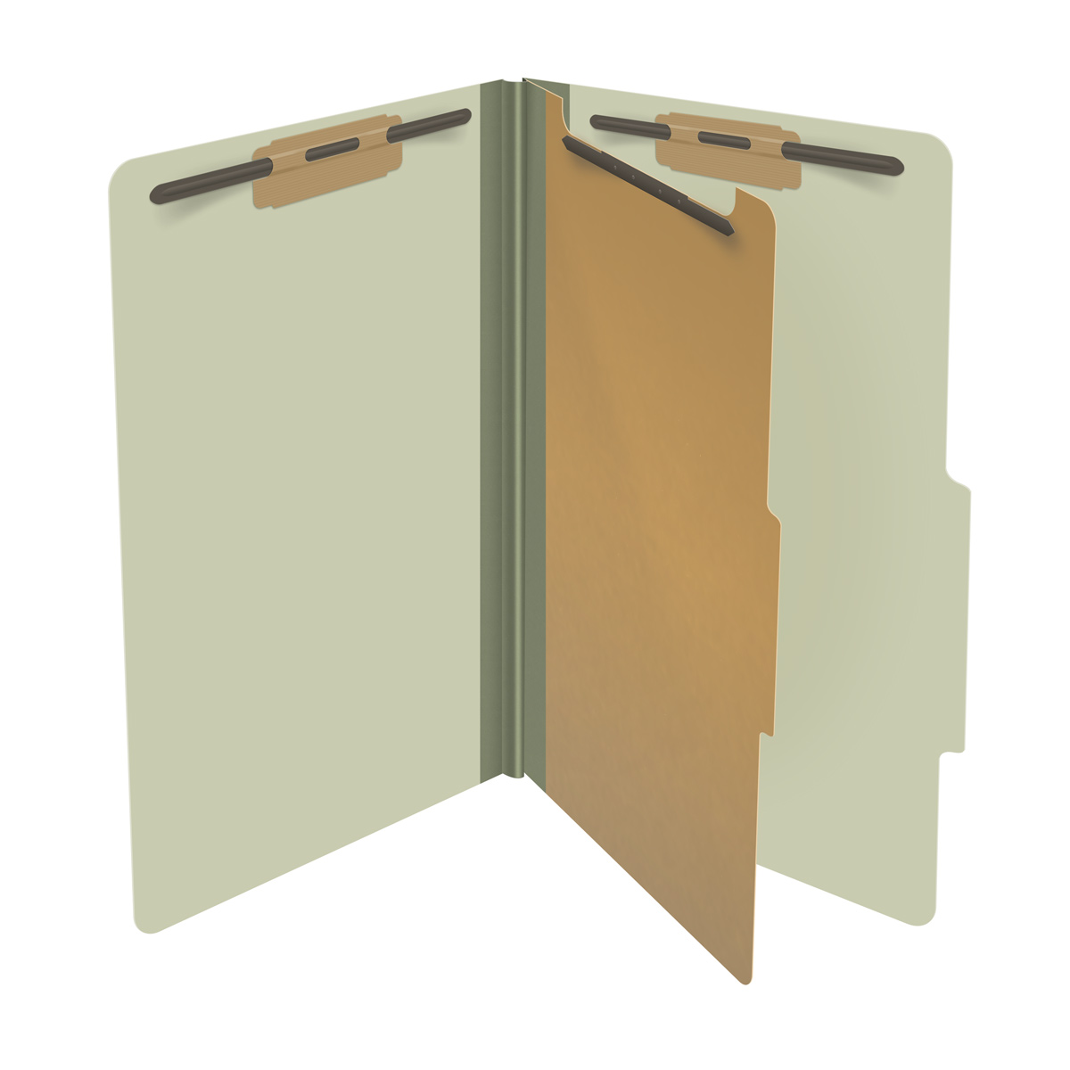 Green legal size top tab one divider classification folder with 2" gray tyvek expansion, with 2" bonded fasteners on inside front and inside back and 1" duo fastener on divider - DV-T52-14-3GRN
