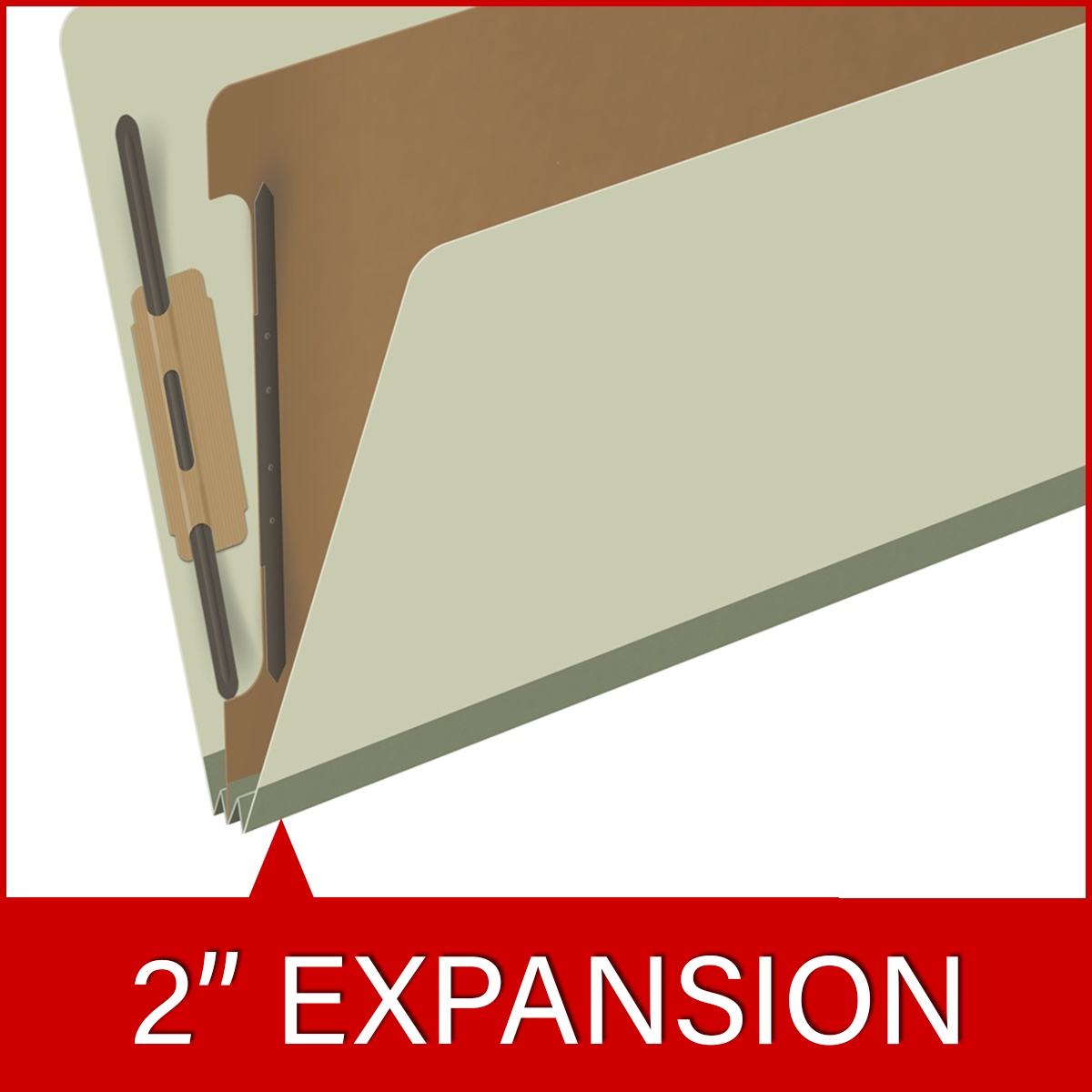 Green legal size top tab one divider classification folder with 2" gray tyvek expansion, with 2" bonded fasteners on inside front and inside back and 1" duo fastener on divider - DV-T52-14-3GRN