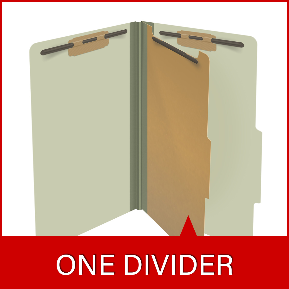 Green legal size top tab one divider classification folder with 2" gray tyvek expansion, with 2" bonded fasteners on inside front and inside back and 1" duo fastener on divider - DV-T52-14-3GRN