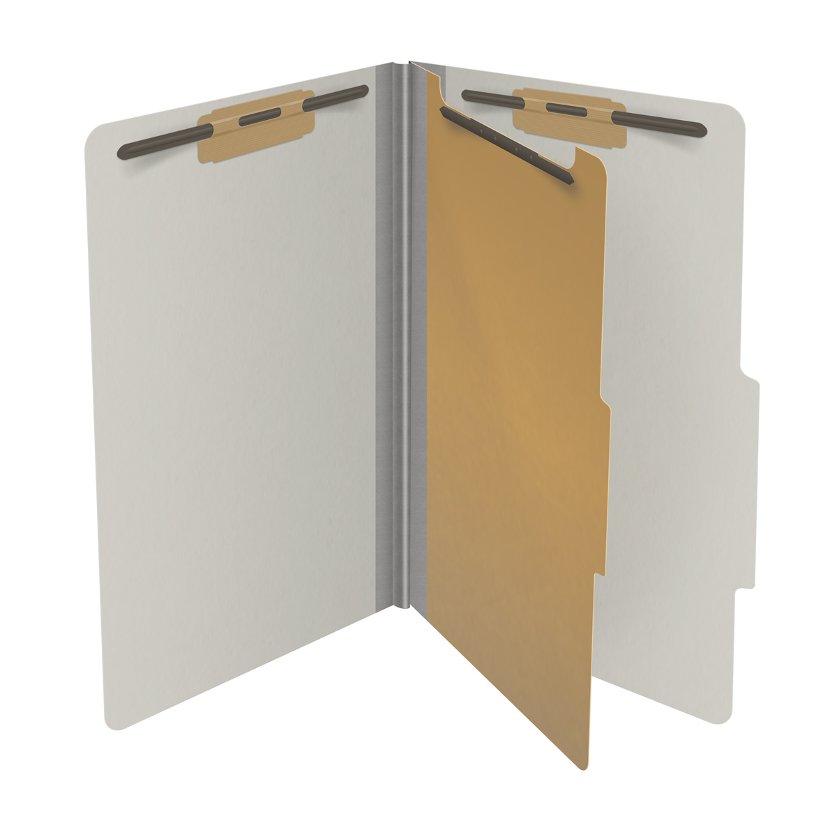 Grey legal size top tab one divider classification folder with 2" gray tyvek expansion, with 2" bonded fasteners on inside front and inside back and 1" duo fastener on divider - DV-T52-14-3GRY