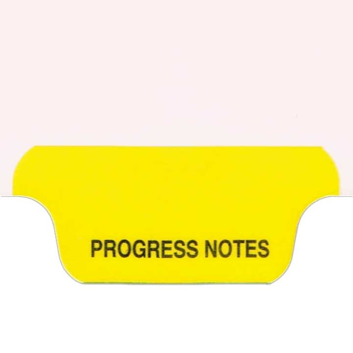 Ivory letter size end tab index divider with position 2 tab printed PROGRESS NOTES and mylared in dark yellow. 125# manila stock. Box of 25 - S-09209-4T-2
