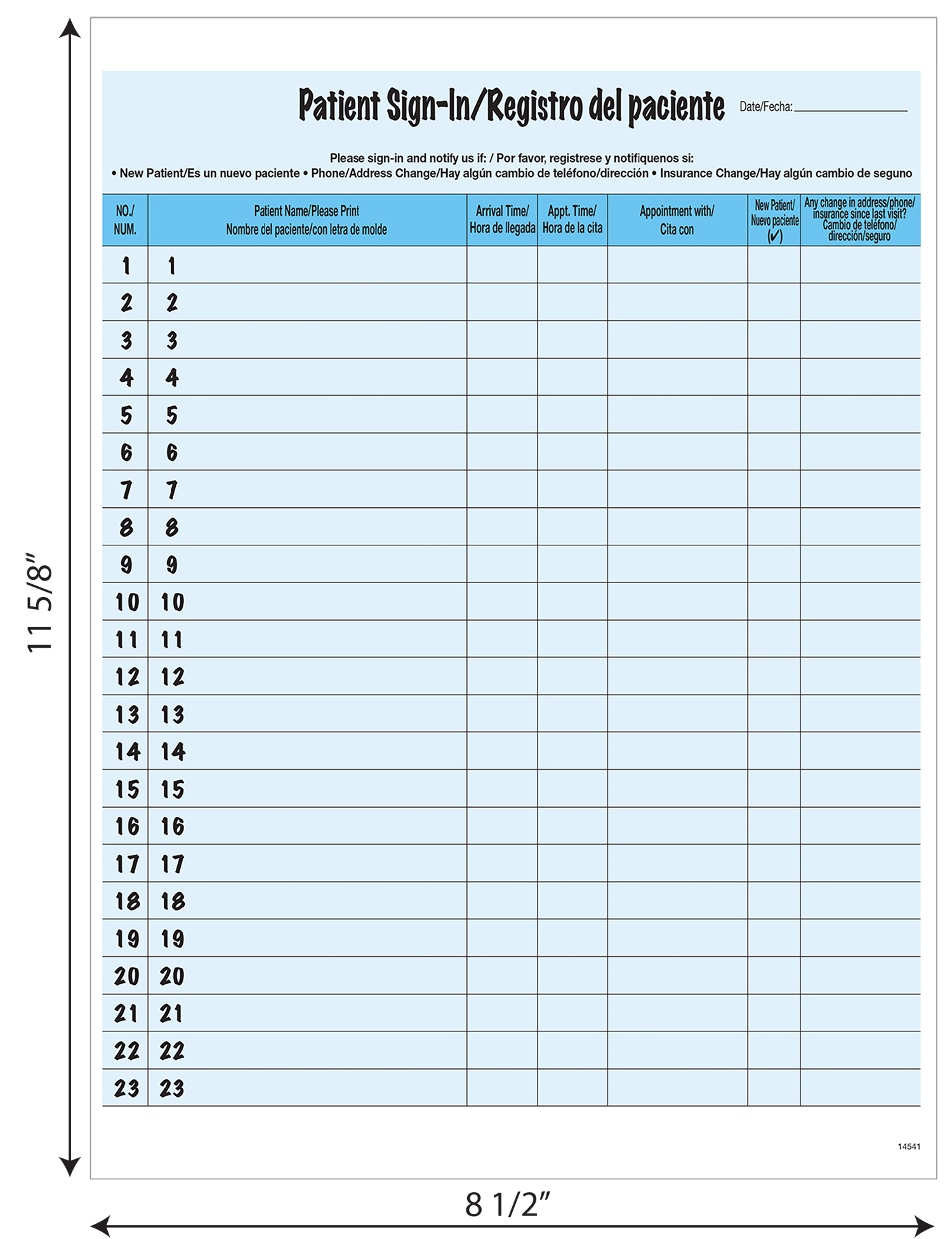 Bilingual Patient Sign-In Forms - 125/Pkg