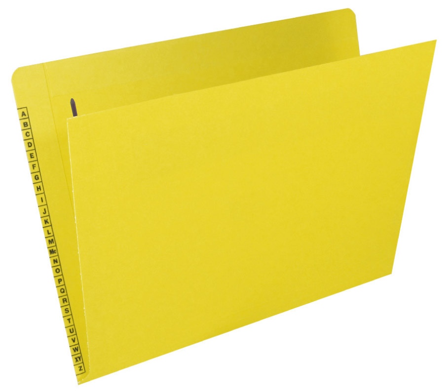 Kardex Compatible End-Tab Folder - 11Pt. Yellow End-Tab Letter Folder - Extended Reinforced Tab Top and Side Tab - Printed Alpha Scale - Bonded Fastener in Position 1 - 50/BX