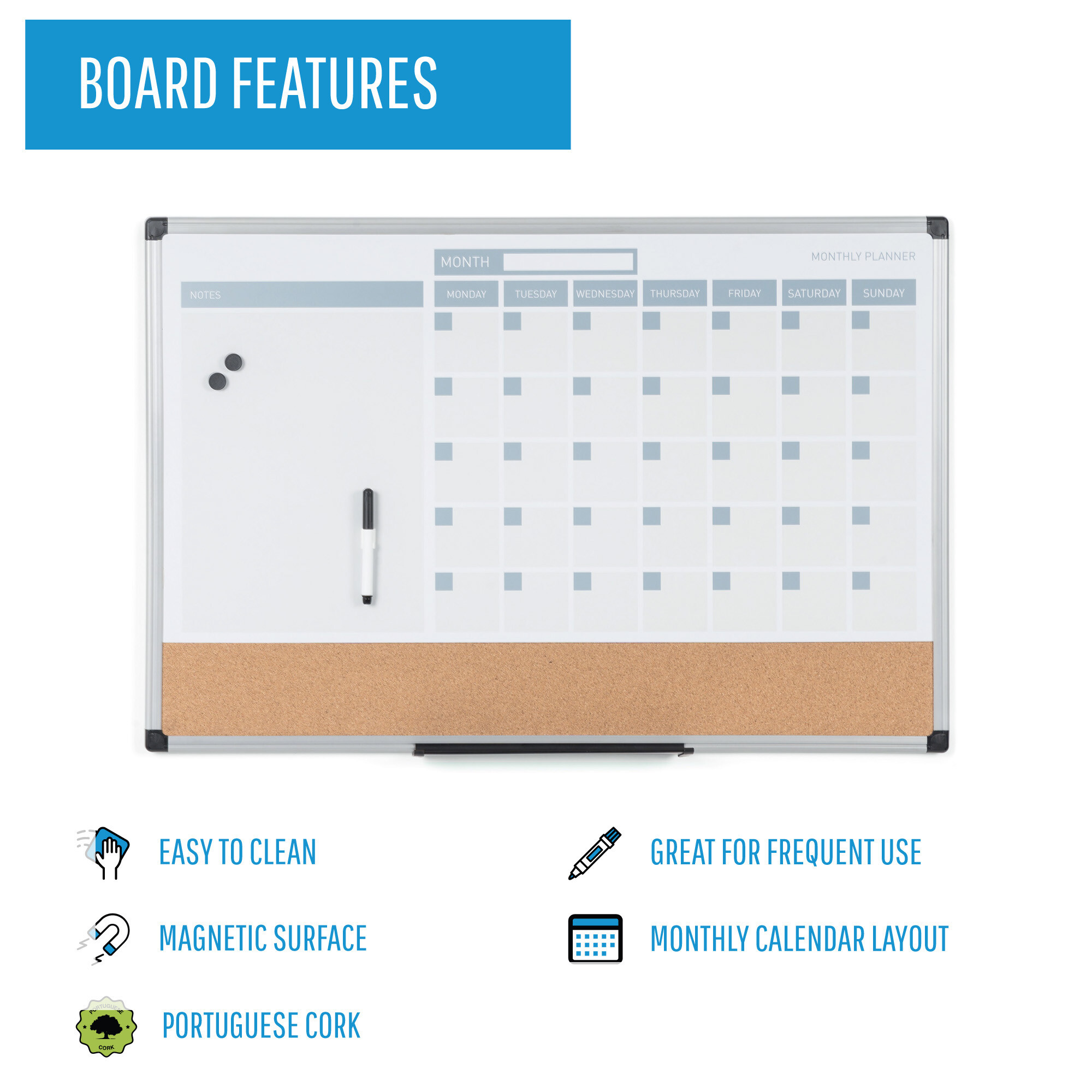 3-in-1 Monthly Magnetic Planner - Dry Erase, Cork, Lists & Notes