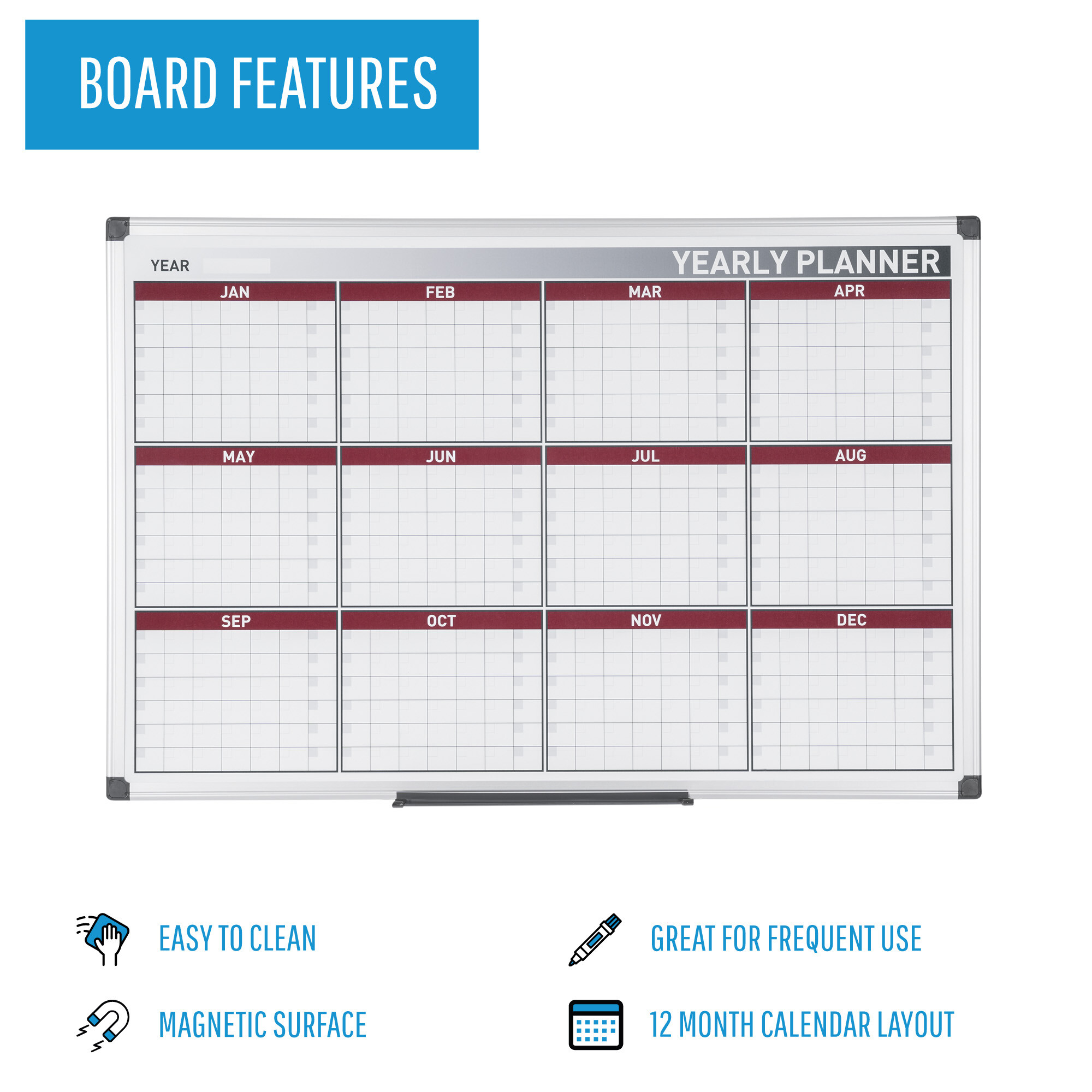 Magnetic Yearly Calendar Whiteboard - Dry-Erase Planning Board with Aluminum Frame