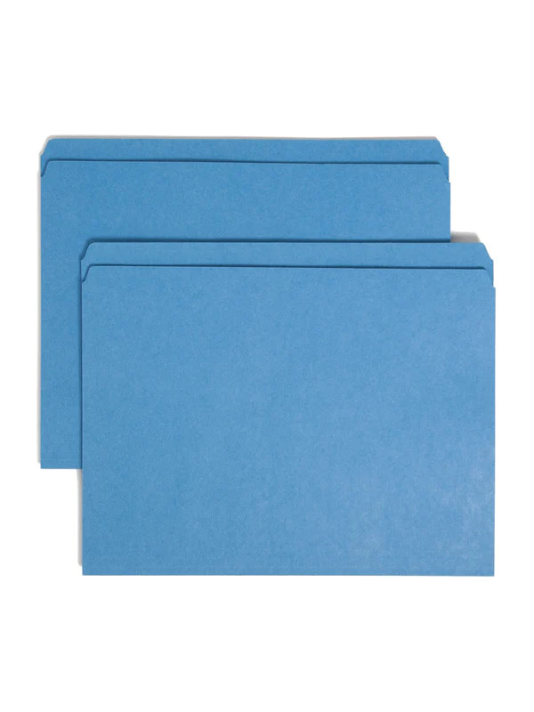Top Tab File Folder, Blue, Letter Size, 11 pt, Single Ply Tab, Straight Cut; One 2" heat bonded fastener pos 1. 50/bx Min 2 Boxes