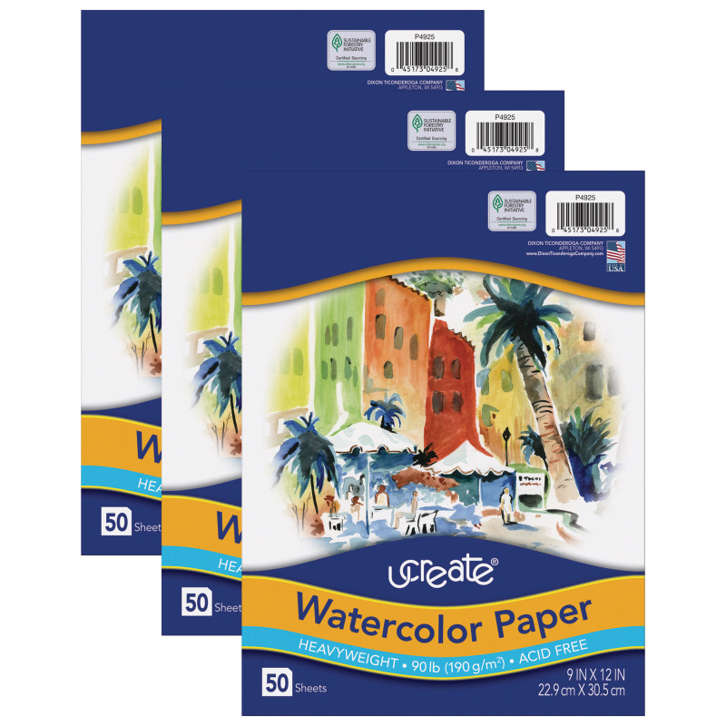Watercolor Paper, White, 90lb., 9'' x 12'', 50 Sheets Per Pack, 3 Packs