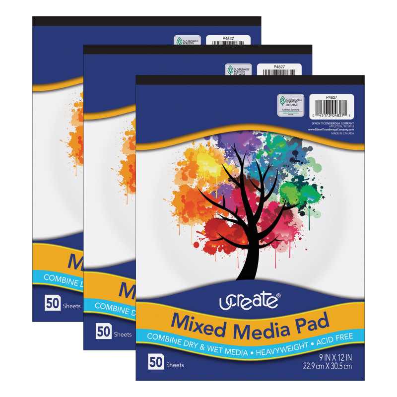 Mixed Media Pad, 9'' x 12'', 50 Sheets, Pack of 3