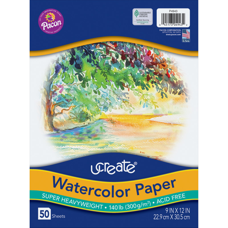 Watercolor Paper, White, Package, 140 lb., 9'' x 12'', 50 Sheets