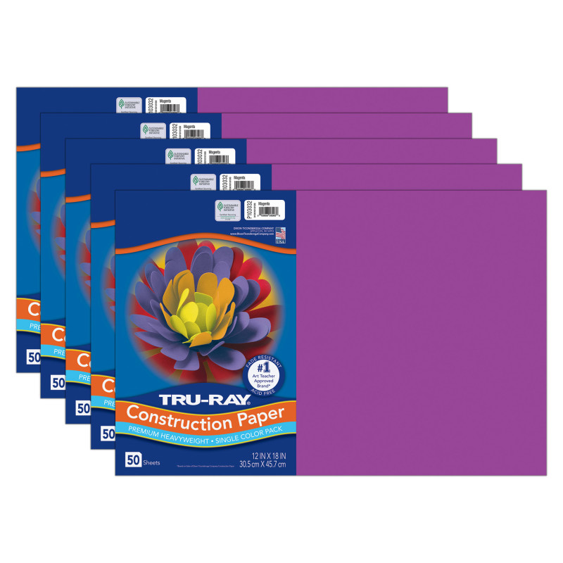 Construction Paper, Magenta, 12'' x 18'', 50 Sheets Per Pack, 5 Packs - PAC103032-5