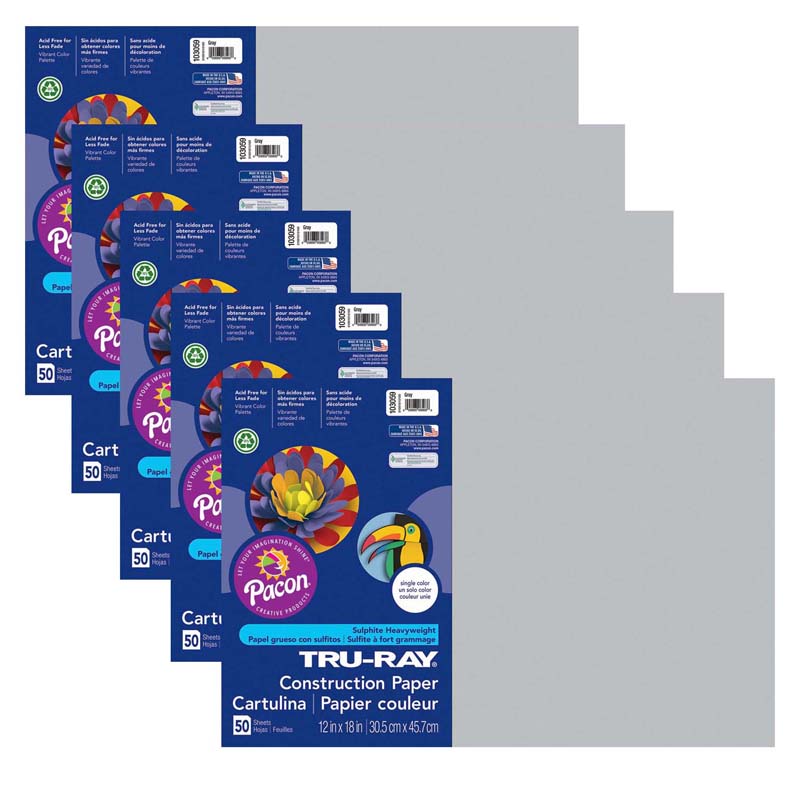 Construction Paper, Gray, 12'' x 18'', 50 Sheets Per Pack, 5 Packs - PAC103059-5