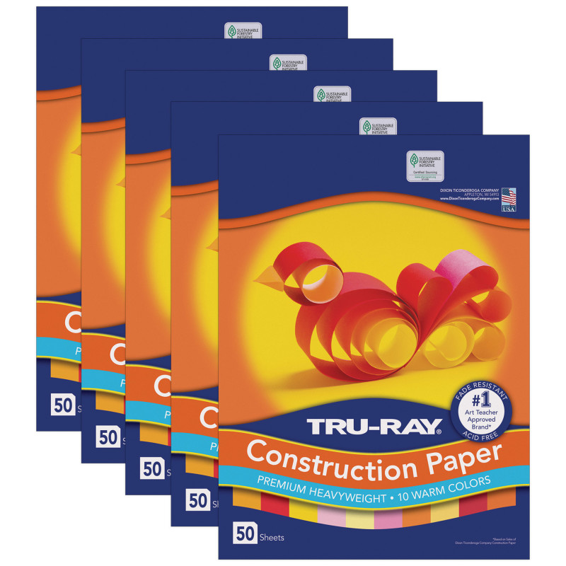 Construction Paper, Warm Assorted, 12'' x 18'', 50 Sheets Per Pack, 5 Packs - PAC102948-5