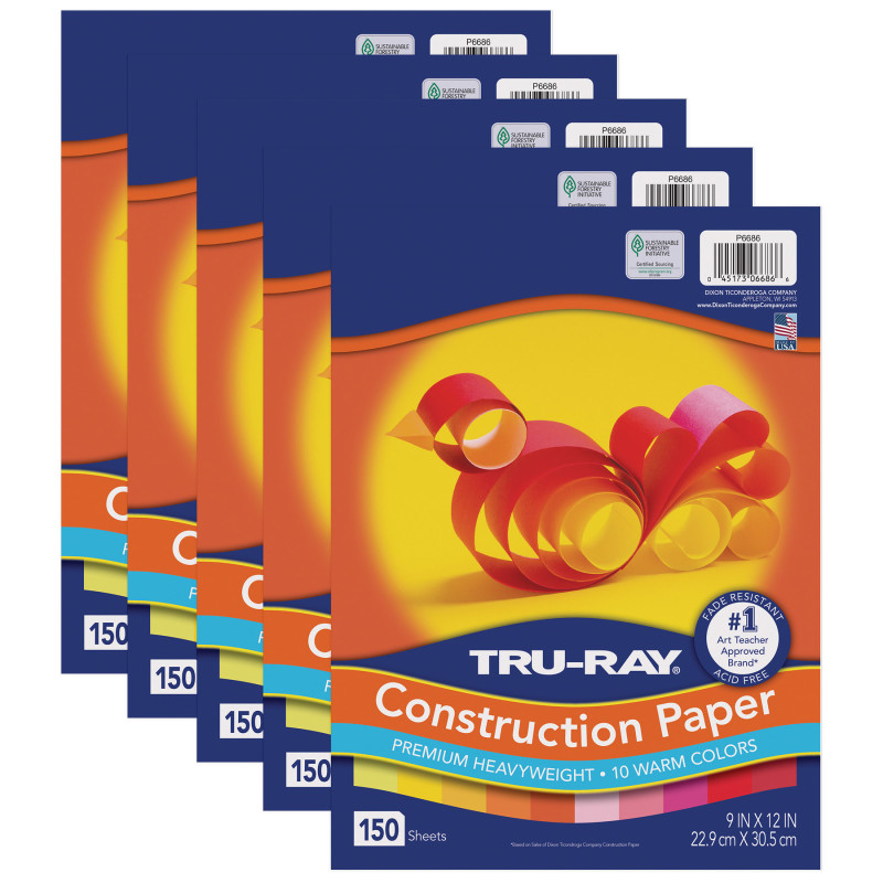 Construction Paper, Warm Assorted, 9'' x 12'', 150 Sheets Per Pack, 5 Packs - PAC6686-5