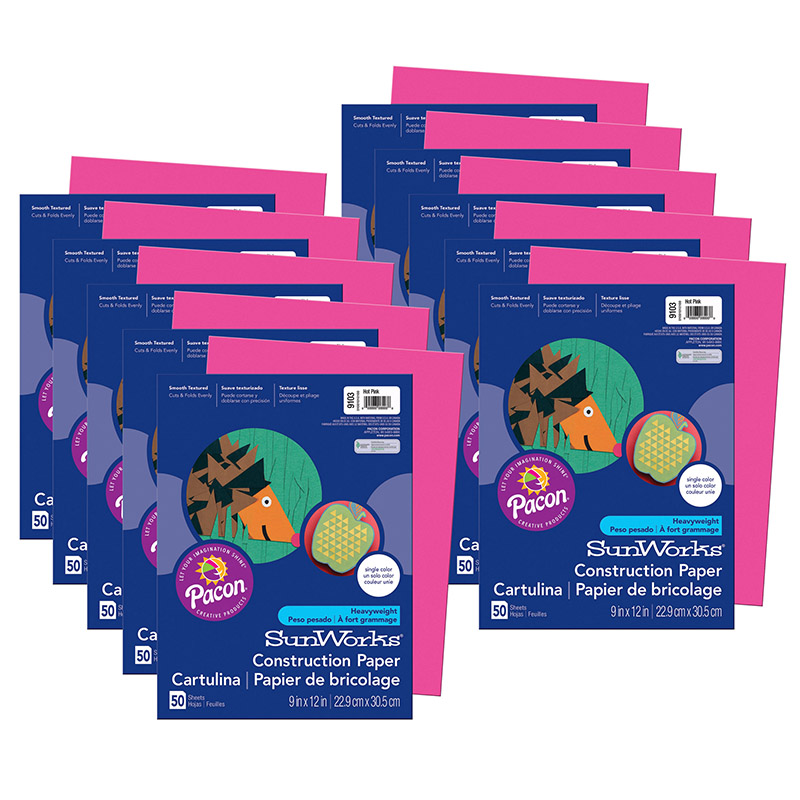 Construction Paper, Hot Pink, 9'' x 12'', 50 Sheets Per Pack, 10 Packs - PAC9103-10