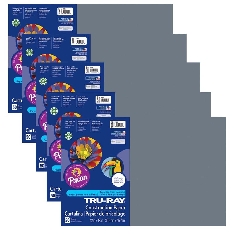 Construction Paper, Slate, 12'' x 18'', 50 Sheets Per Pack, 5 Packs - PAC103060-5