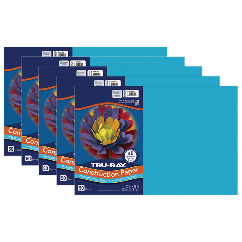 Construction Paper, Atomic Blue, 12'' x 18'', 50 Sheets Per Pack, 5 Packs - PAC103401-5