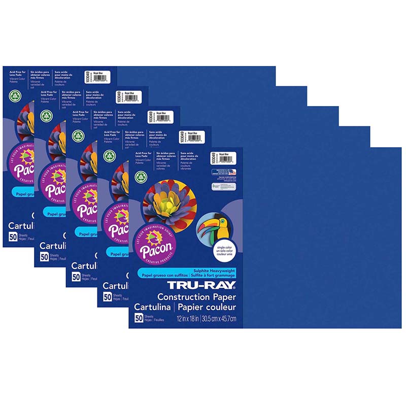 Construction Paper, Royal Blue, 12'' x 18'', 50 Sheets Per Pack, 5 Packs - PAC103049-5
