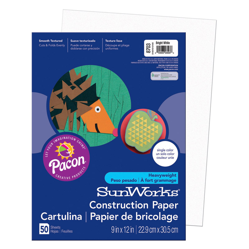 Construction Paper, Bright White, 9'' x 12'', 50 Sheets - PAC8703