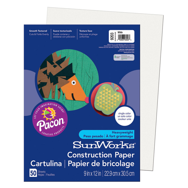 Construction Paper, White, 9'' x 12'', 50 Sheets - PAC9203
