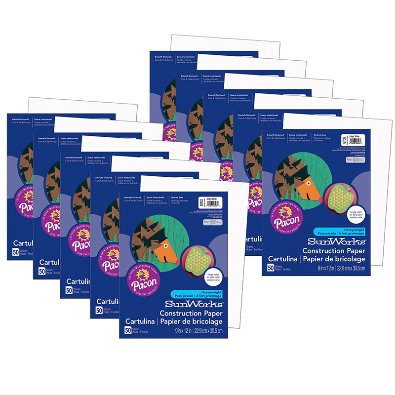 Construction Paper, Bright White, 9'' x 12'', 50 Sheets Per Pack, 10 Packs - PAC8703-10