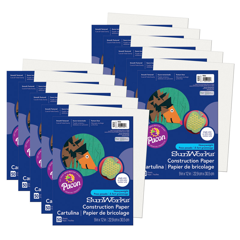 Construction Paper, White, 9'' x 12'', 50 Sheets Per Pack, 10 Packs - PAC9203-10