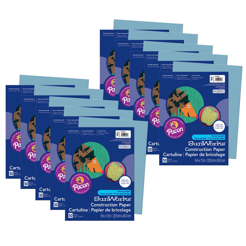 Construction Paper, Sky Blue, 9'' x 12'', 50 Sheets Per Pack, 10 Packs - PAC7603-10