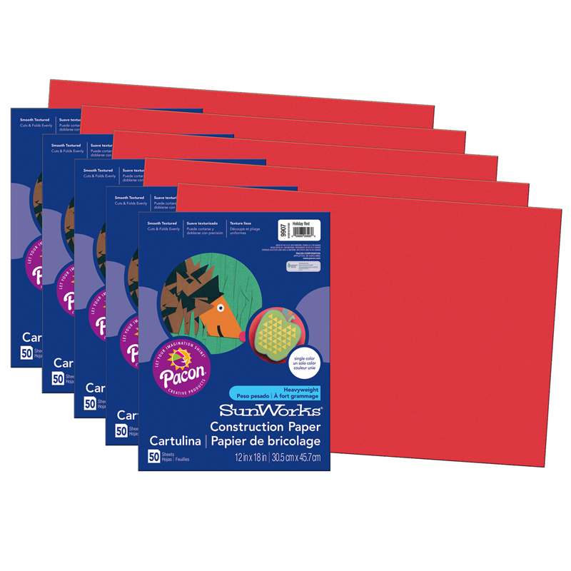 Construction Paper, Holiday Red, 12'' x 18'', 50 Sheets Per Pack, 5 Packs - PAC9907-5