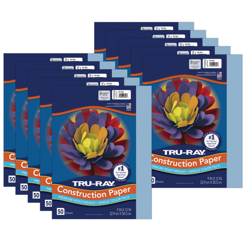Construction Paper, Sky Blue, 9'' x 12'', 50 Sheets Per Pack, 10 Packs - PAC103016-10
